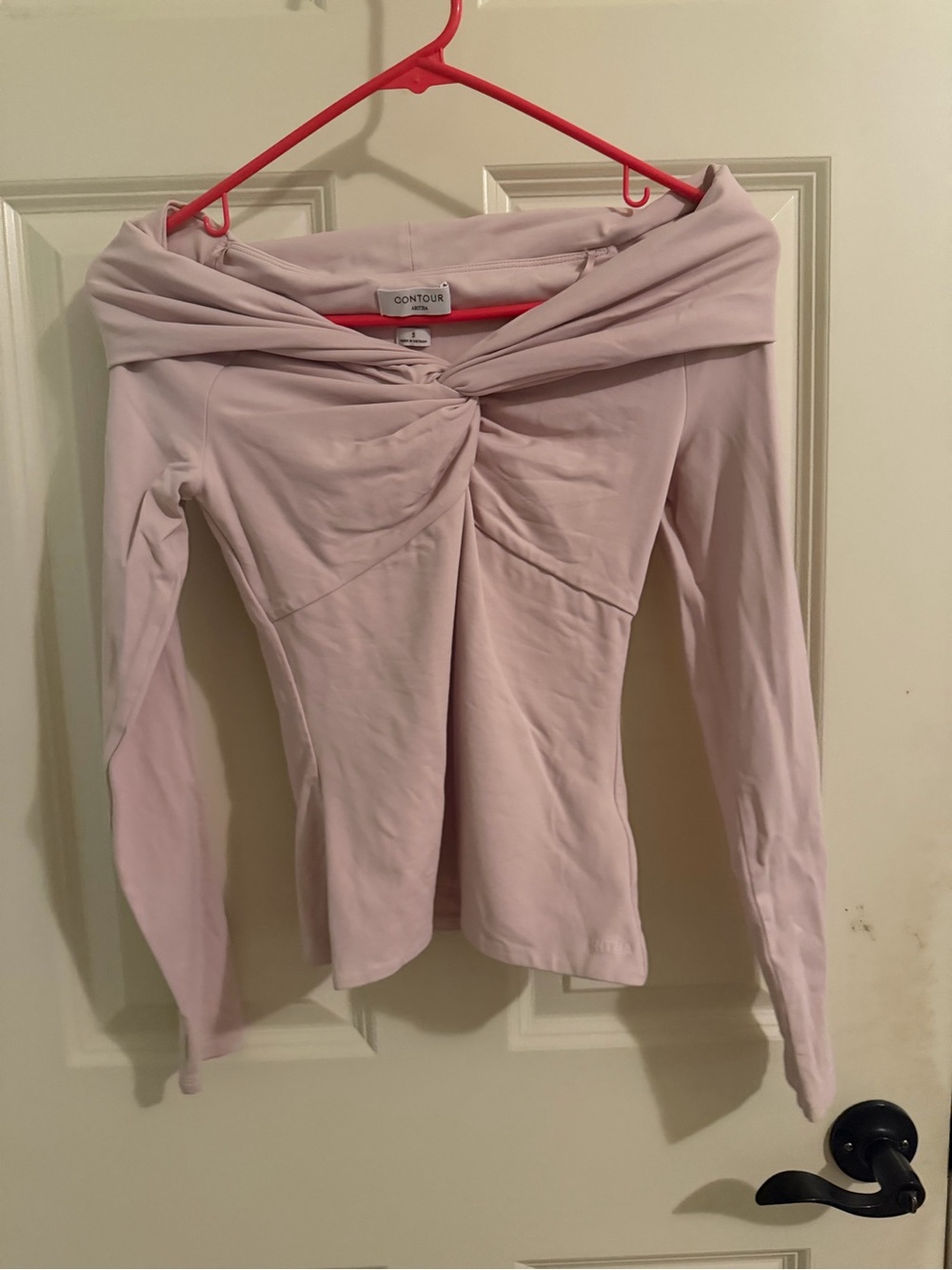 Aritzia Off-Shoulder Twist Long Sleeve Top in bow pink!
